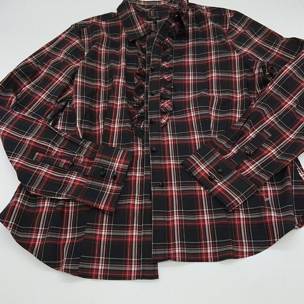 Talbots Plaid Shirt Button Down Top Red Black Ruffle Stretch 16P Long Sleeve